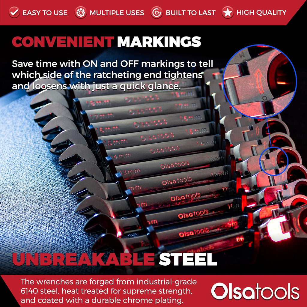 Olsa Tools Flex Head Ratcheting Wrench Set (Metric 12pc) | 6-Point Box End Ratchet Wrenches Set | 120 Tooth Ratchet Wrench Sets | Works on Stripped and Rounded Bolts | Professional Spanner Wrench