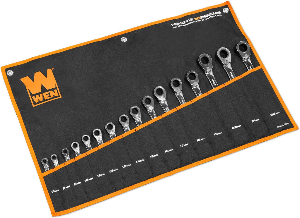 WEN 16-Piece Professional-Grade Reversible Ratcheting Metric Combination Wrench Set with Storage Pouch (WR162)