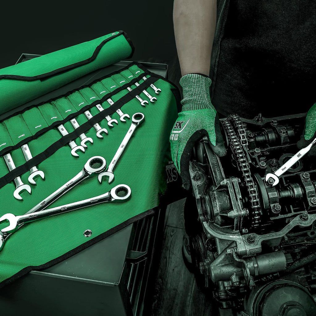 SK Ratcheting Wrench Set, Combination Wrench Set, 30-Piece, SAE 1/4' to 1', Metric 8 to 24mm, 72-Tooth, Premium CR-V Construction, with Rolling Pouch