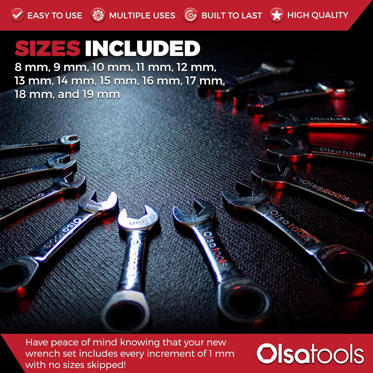 Olsa Tools 12pc Metric Ratchet Wrench Set, 120 Tooth, Stubby, Chrome Vanadium Steel