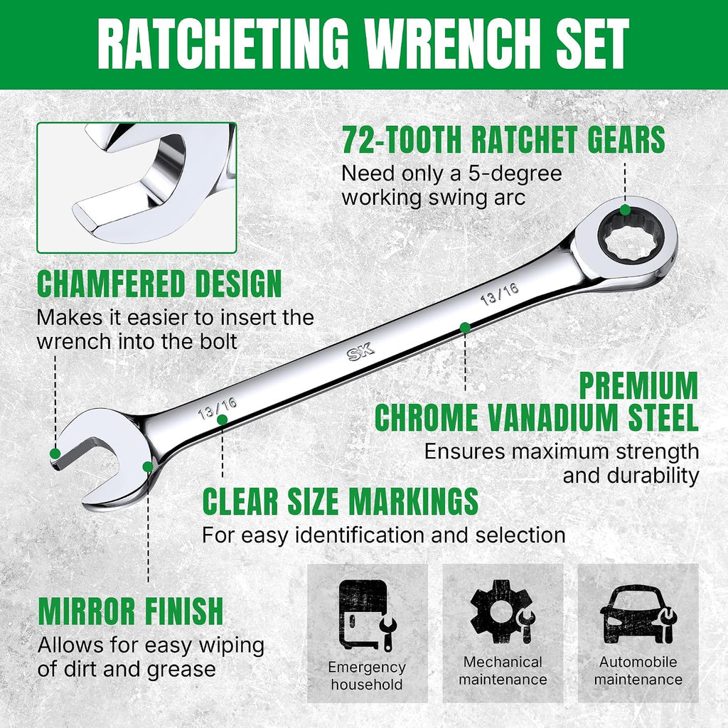 SK Ratcheting Wrench Set, Combination Wrench Set, 30-Piece, SAE 1/4' to 1', Metric 8 to 24mm, 72-Tooth, Premium CR-V Construction, with Rolling Pouch