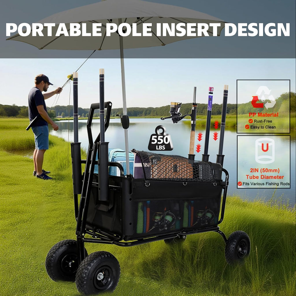 Fishing Cart Beach Cart Collapsible Wagon with 9.85' All-Terrain Wheels for Sand, Heavy Duty Foldable Utility Cart 550LBS Capacity with Rod Holders for Camping, Garden, Grocery, Outdoor Sports(Black)