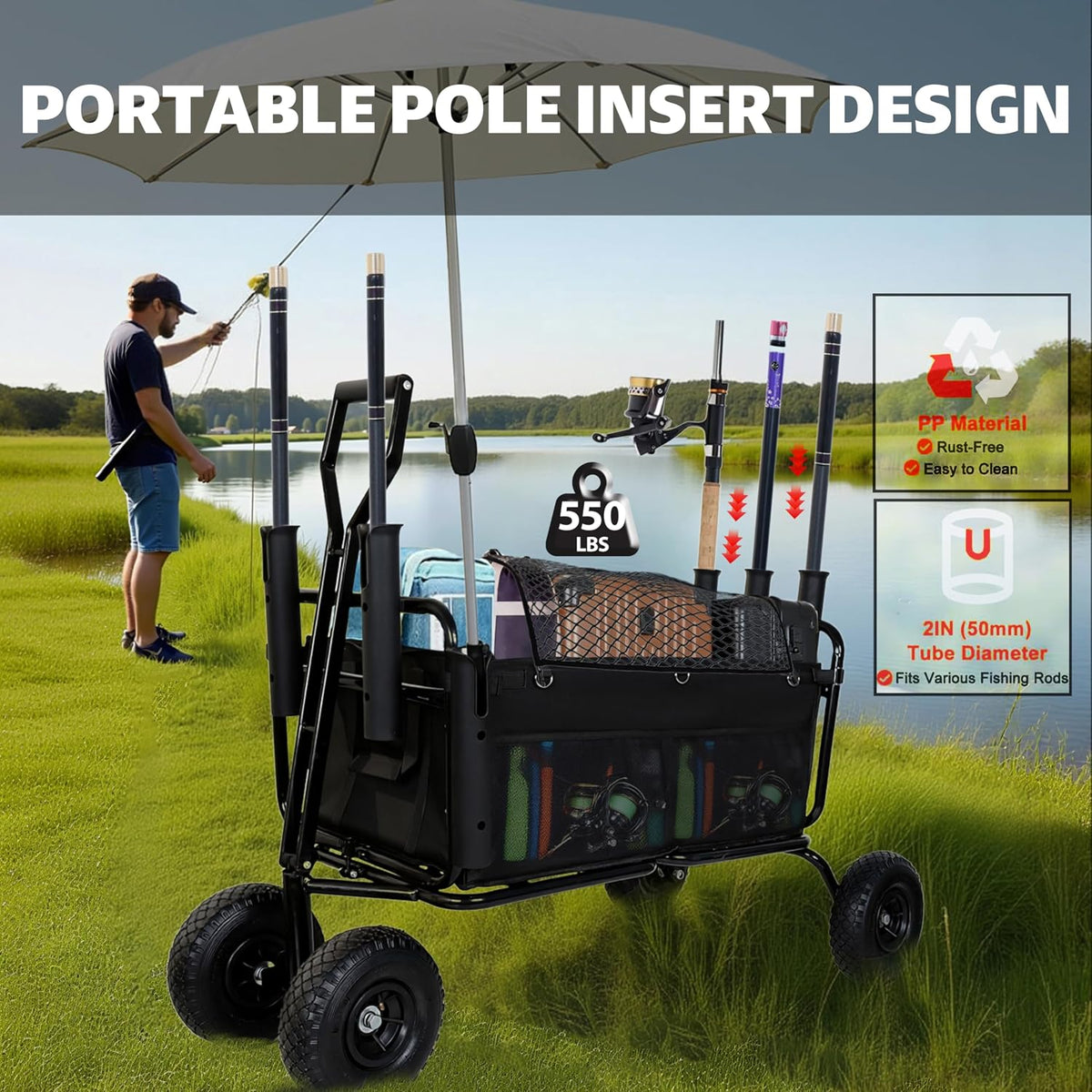 Fishing Cart Beach Cart Collapsible Wagon with 9.85' All-Terrain Wheels for Sand, Heavy Duty Foldable Utility Cart 550LBS Capacity with Rod Holders for Camping, Garden, Grocery, Outdoor Sports(Black)