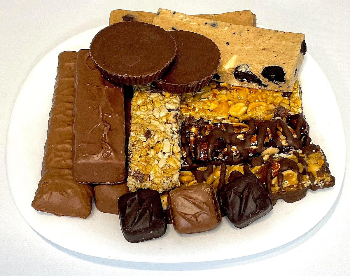 Hand-Crafted 43 Piece customizable chocolate gift basket of gourmet chocolates, cookies, and crunches. Tasty treats selected for businesses, clients, employees, birthdays, thank you and more!
