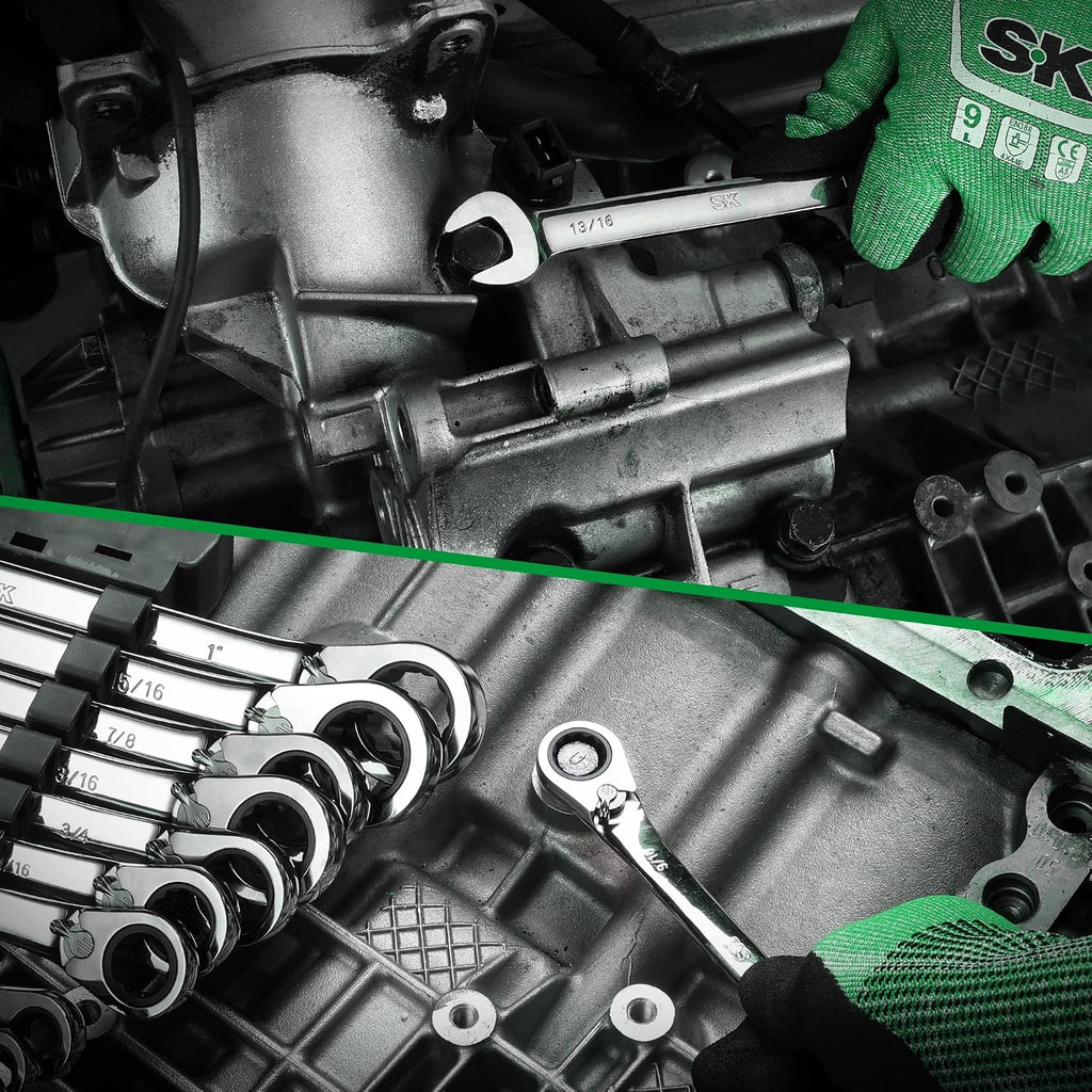 SK Reversible Ratcheting Wrench Set, Combination Wrench Set, 13-Piece, SAE 1/4' to 1', 72-Tooth, Premium CR-V Construction, with Rack Organizer