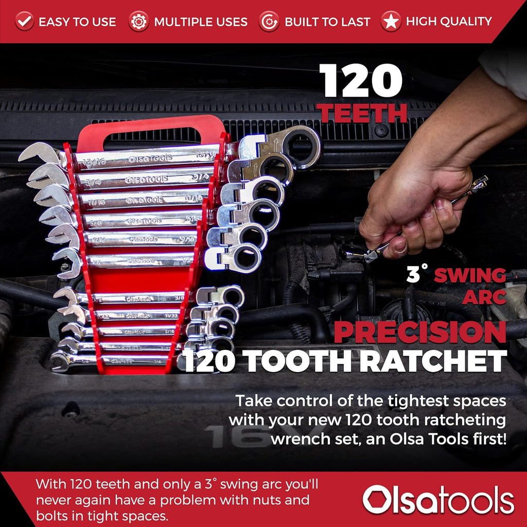 Olsa Tools 12-Piece SAE Ratcheting Wrench Set, 120 Teeth, Chrome Vanadium Steel, Includes Wrench Organizer Tray