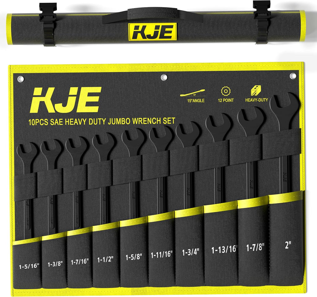KJE 10-Piece SAE Black-Oxide Jumbo Combination Wrench Set, Open-End large Wrench, big Wrench Set, SAE Sizes 1-5/16' - 2' for Large Vehicles