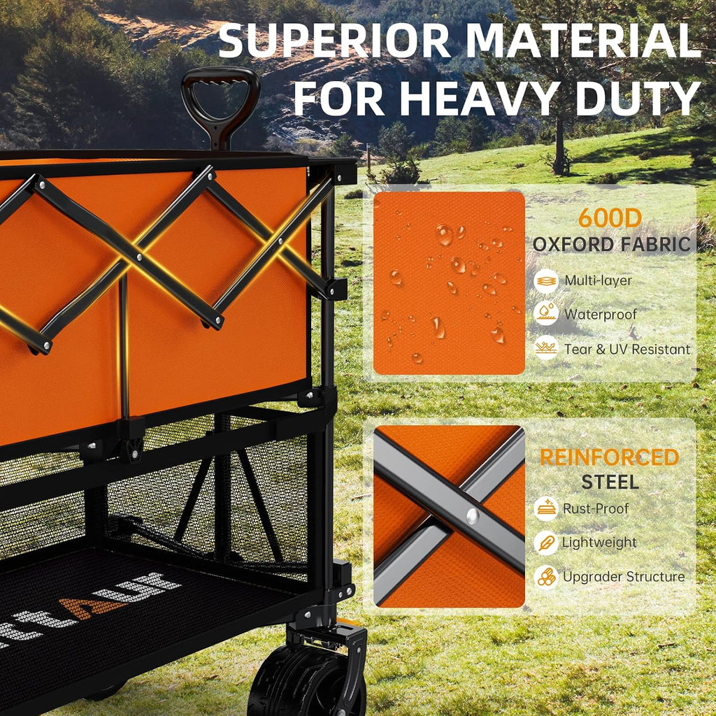 Uyittour Foldable 50''L Extra Long Double Decker Wagon for Sport, 400L Collapsible Heavy Duty Wagon Cart with Big Wheels, Utility All-Terrain Large Extender Cart for Outdoors, Orange