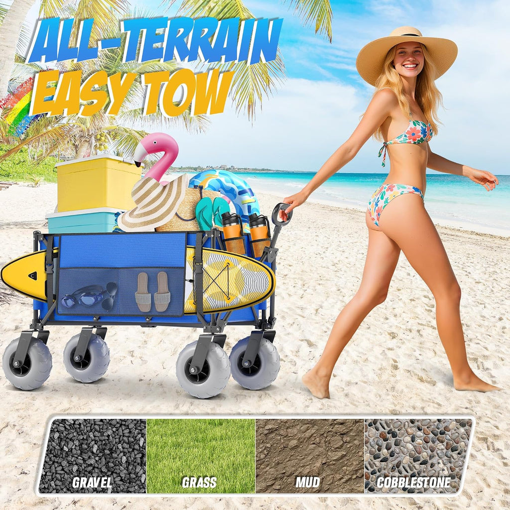 Beach Wagon with Big Wheels for Sand, 350lbs Heavy Duty Folding Wagon, Oversized 180L, 9' PVC All-Terrain Wheels, Adjustable Handle, Cooler & Storage Bags for Beach, Camping & Outdoor Sports (Blue)