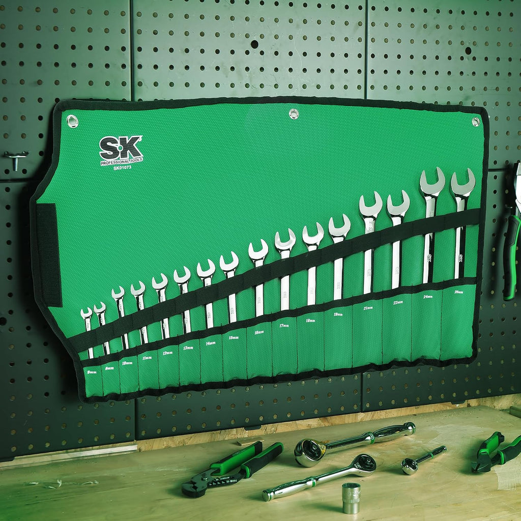 SK Reversible Ratcheting Wrench Set, Combination Wrench Set, 16-Piece, Metric, 72-Tooth, Premium CR-V Construction, with Rolling Pouch