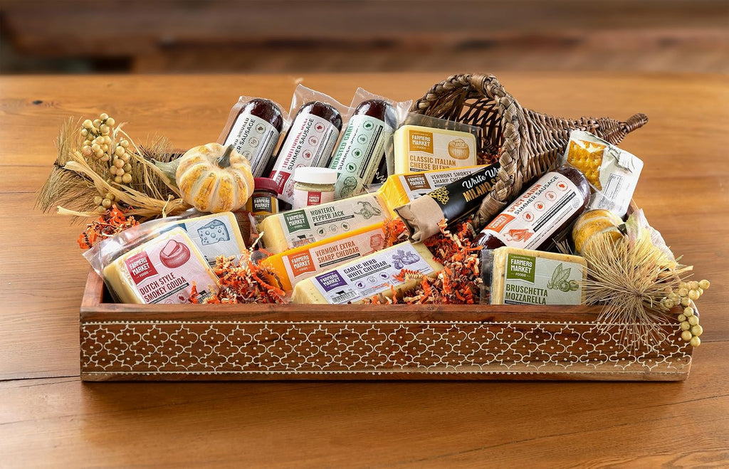 Farmers Market Charcuterie Gift Basket – Gourmet Meat & Cheese Gift Box with Summer Sausage, Wisconsin Cheese, Salami, Crackers & Mustard – Shelf Stable, Keto Friendly Food Gift for Father's Day, Holidays and Entertaining