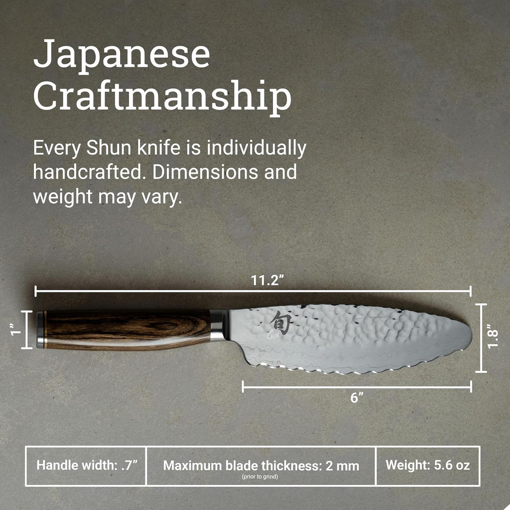 Shun Premier 6' Ultimate Utility Knife, Handcrafted Japanese Knife, VG-MAX Core with Damascus Stainless Steel Cladding, Pakkawood Handle, Precision and Sharpness for Professional and Home Chefs