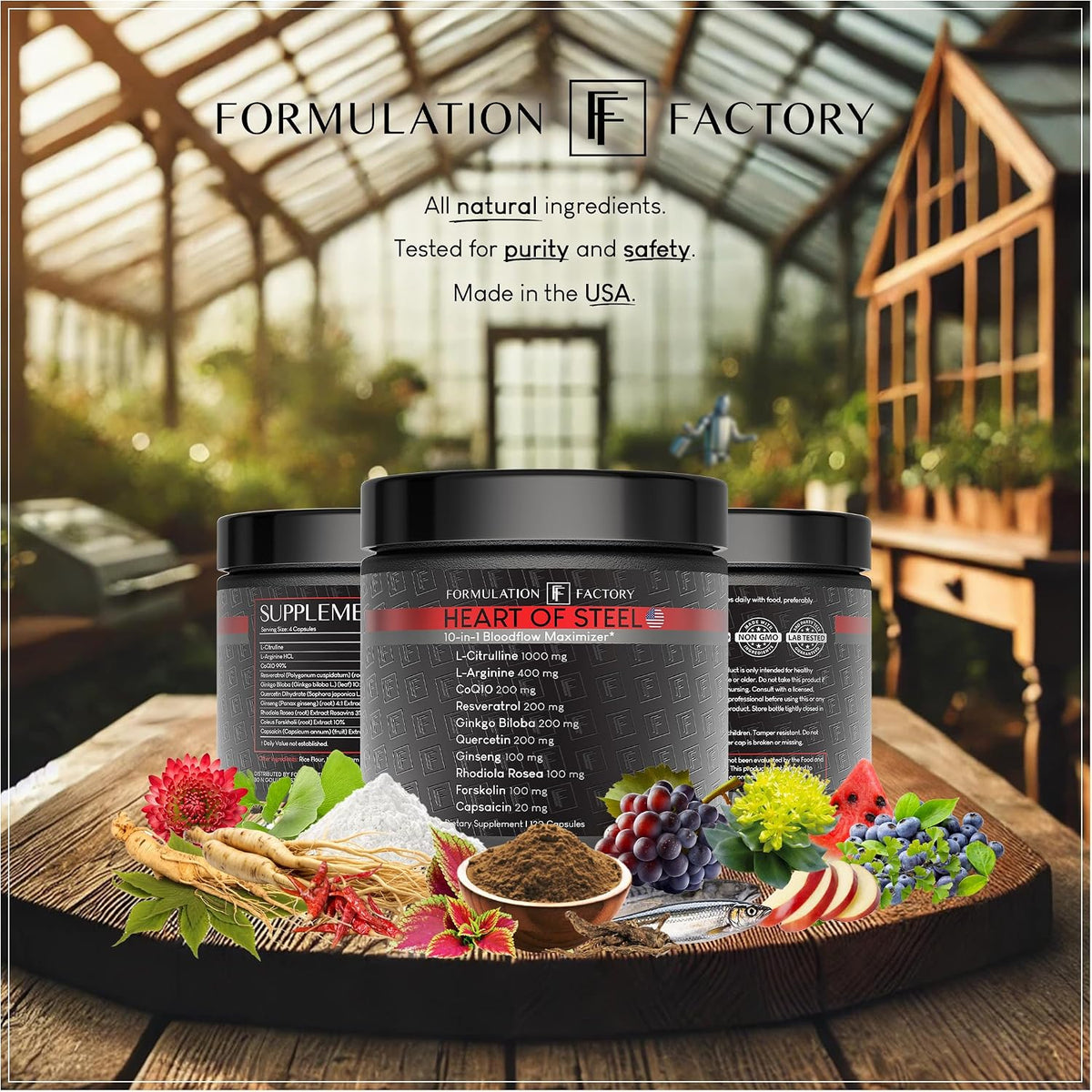Formulation Factory Heart of Steel Nitric Oxide Supplements, Nitric Oxide Booster for Blood Flow & Circulation with L-Citrulline, L-Arginine, CoQ10 & Resveratrol - 360 Capsules, 90 Servings (3 Pack)