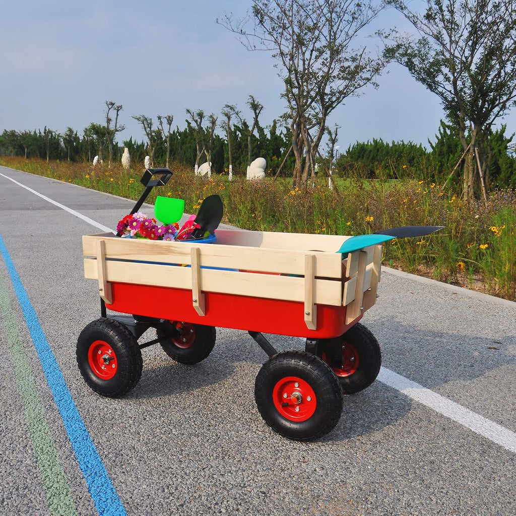 Outdoor Heavy Duty Wagon Cart for All Terrain Pulling, Steel Wagon Frame Removable Wooden Panels Adjustable Handle Air Tires Sport Wagon for Kids Camping Garden, Max. Load 176 lbs, Red