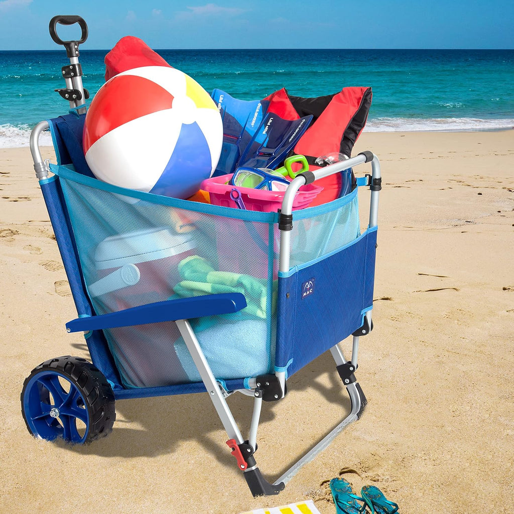 Mac Sports Beach Day Foldable Chaise Lounge Chair with Integrated Wagon Pull Cart Combination and Heavy Wheels - Perfect for Beach, Backyard, Pool or Picnic