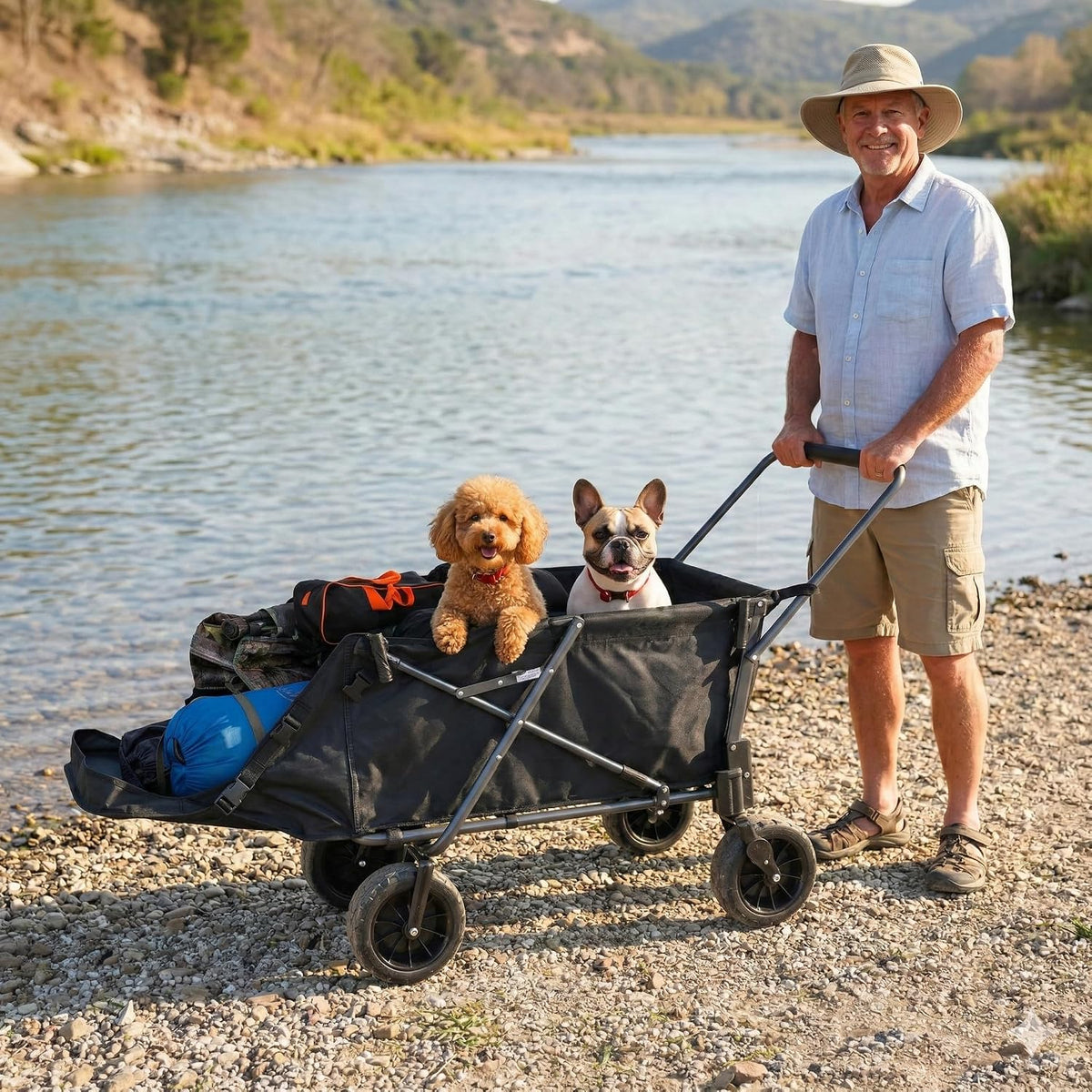 REDCAMP Collapsible Beach Wagon Dog Stroller with Tailgate, 330lbs Heavy Duty Folding Utility Beach Cart with Pad for Sand Camping Sports Shopping, Black