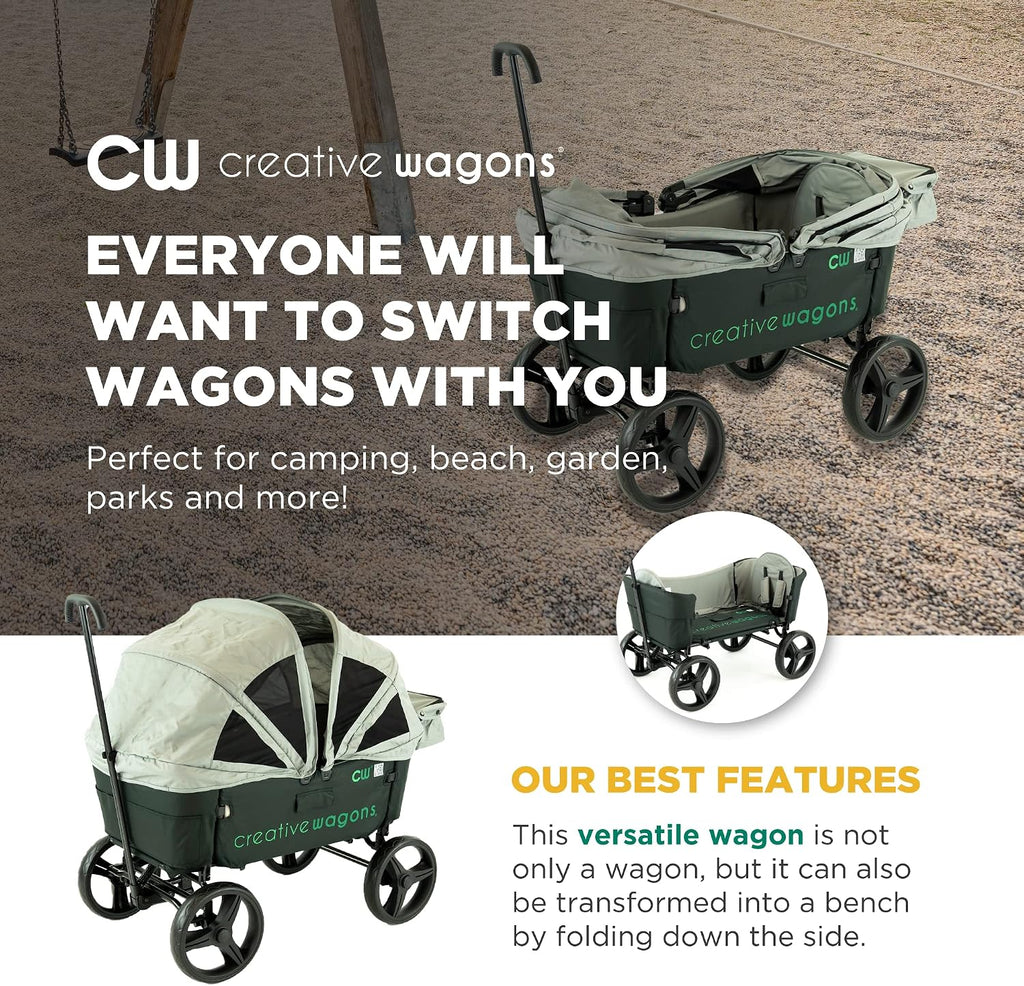 Creative Outdoor Wagon for Kids Push Pull Collapsible Stroller Wagon Buggy Transformable Bench Cart for Kids Cargo All Terrain, Removable Canopy