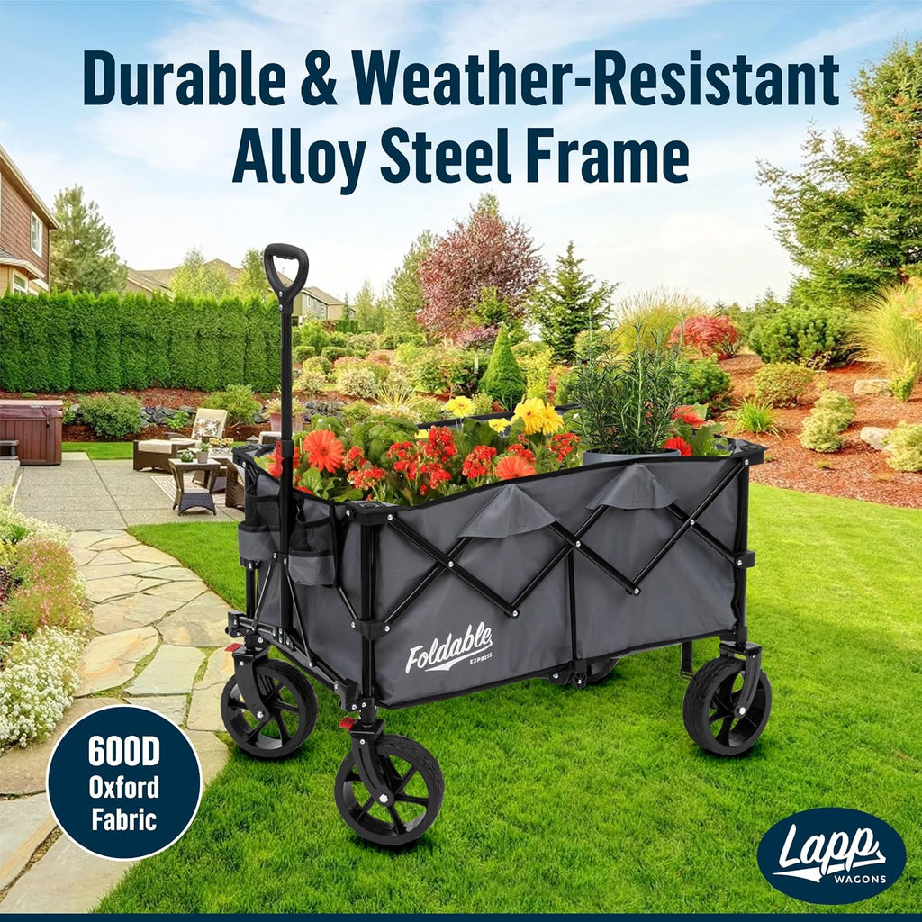 Lapp Wagons 39' Extra-Long Folding Wagon Cart, Heavy-Duty 360 lb Utility Wagon with Wheels, Reinforced Handle, Collapsible Beach Wagon for Camping, Garden, Grocery & Outdoor Use, Grey