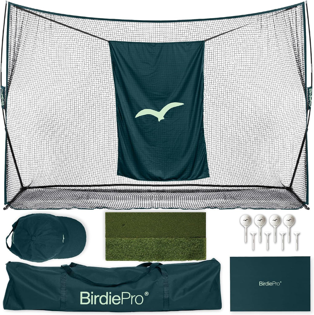 BirdiePro® - American Pro Golf Practice Net, 10x7ft Heavy Duty Golf Hitting Net with EchoShield™ Target & FlexWeave™ Net, Indoor Outdoor Training Backyard, Full Set with Mat, Balls & Cap