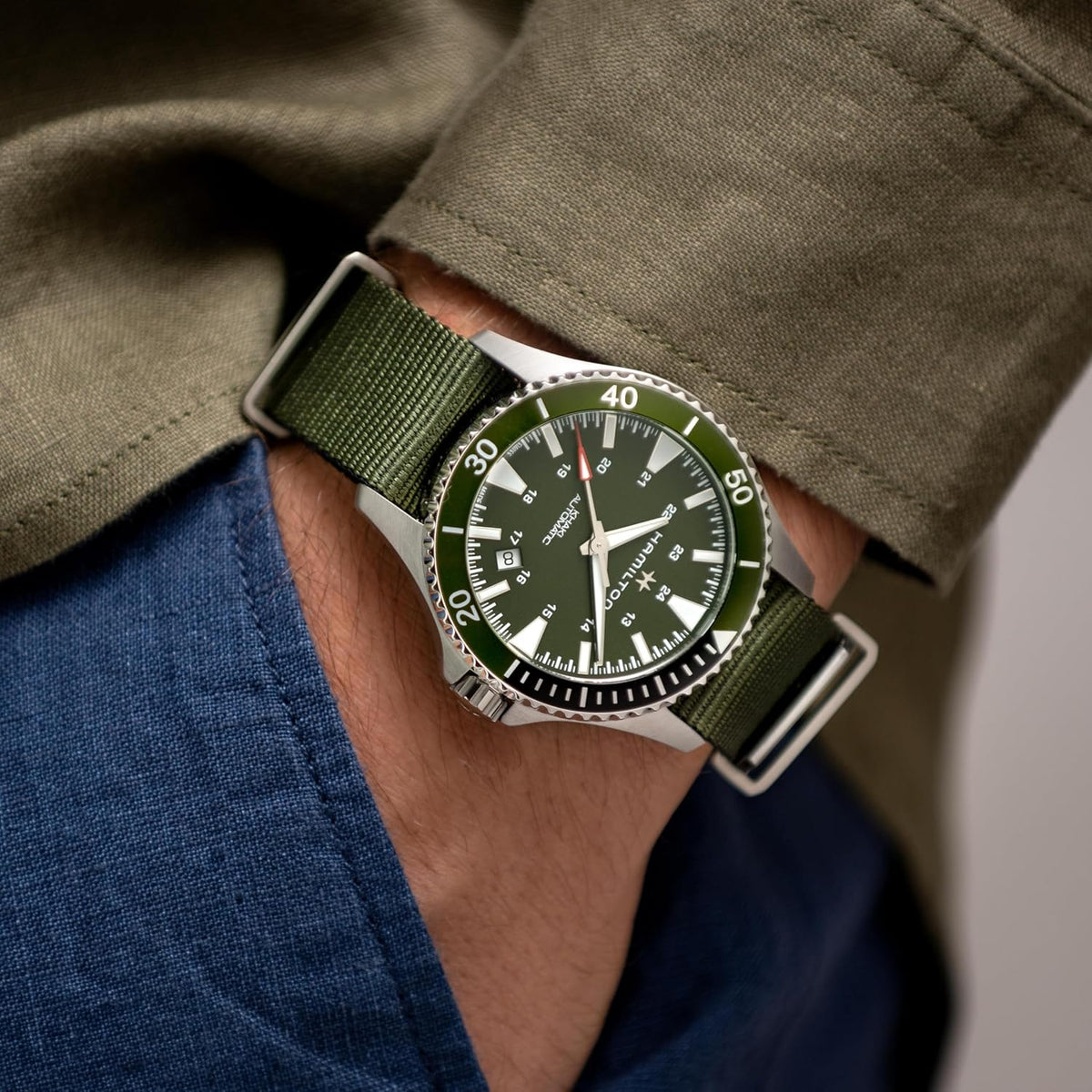 Hamilton Khaki Navy Automatic Men's Watch, 40mm Stainless Steel Case, Swiss Made, Green Dial Analog Wrist Watch for Men, 100m Waterproof, Sapphire Crystal, 3-Hand Movement, Textile Strap