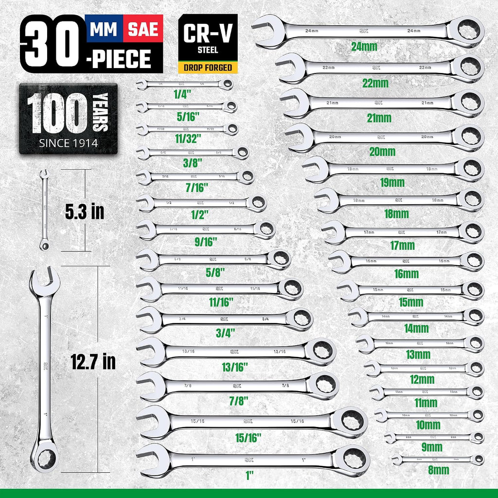 SK Ratcheting Wrench Set, Combination Wrench Set, 30-Piece, SAE 1/4' to 1', Metric 8 to 24mm, 72-Tooth, Premium CR-V Construction, with Rolling Pouch