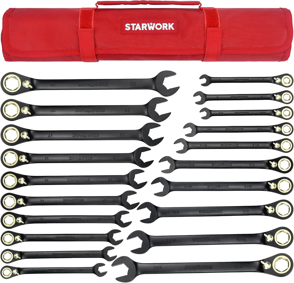 STARWORK TRUE MECHANIC™ 20 Pc. 120-Tooth Reversible Ratcheting Wrench Set, Combination Ratchet Wrench Set, Non-Slip, Long Pattern, 6-Point 15° Offset, Professional, SAE/Metric(5/16-3/4' & 8-19 mm)