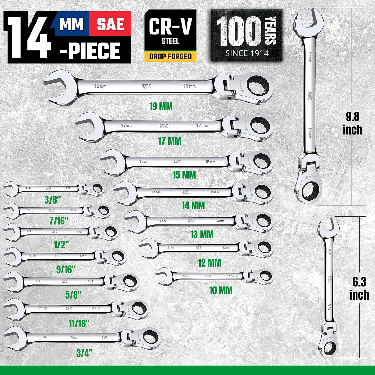 SK Flex-Head Ratcheting Wrench Set, Combination Wrench Set, 14-Piece, SAE 3/8' to 3/4', Metric 10 to 19mm, 72-Tooth, Premium CR-V Construction, with Rolling Pouch