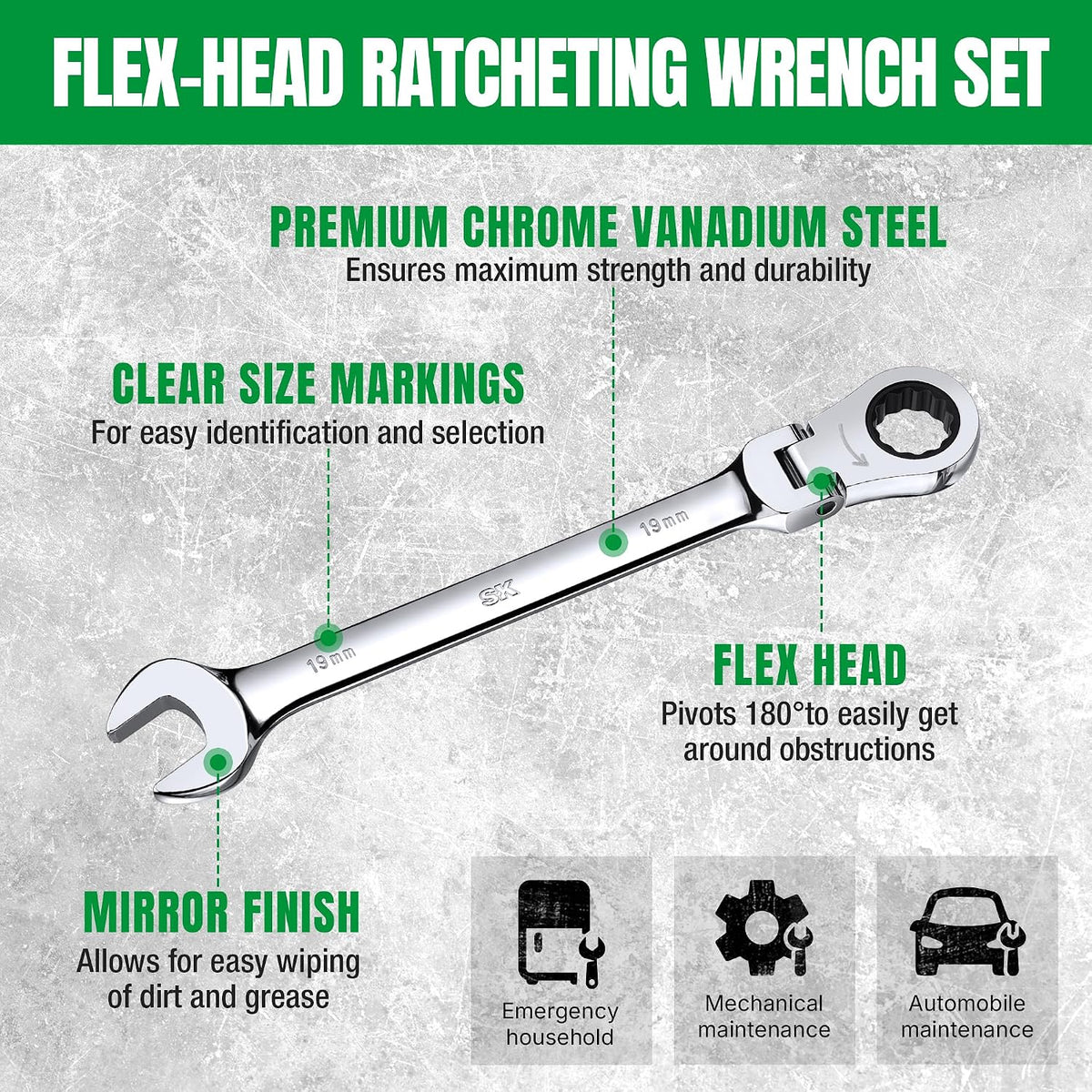 SK Flex-Head Ratcheting Wrench Set, Combination Wrench Set, 14-Piece, SAE 3/8' to 3/4', Metric 10 to 19mm, 72-Tooth, Premium CR-V Construction, with Rolling Pouch