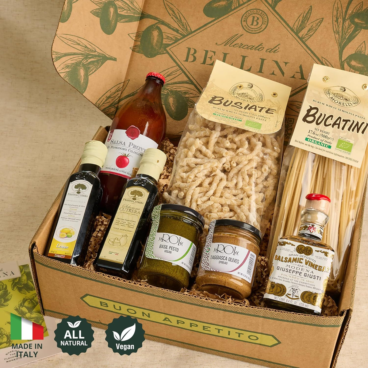 Mercato di Bellina Ultimate Italian Experience Gourmet Gift Basket - Luxurious Italian Gift Basket - All Natural, Made in Italy, Vegan. Ideal Present for Families, Clients, Thanksgiving, and Holidays