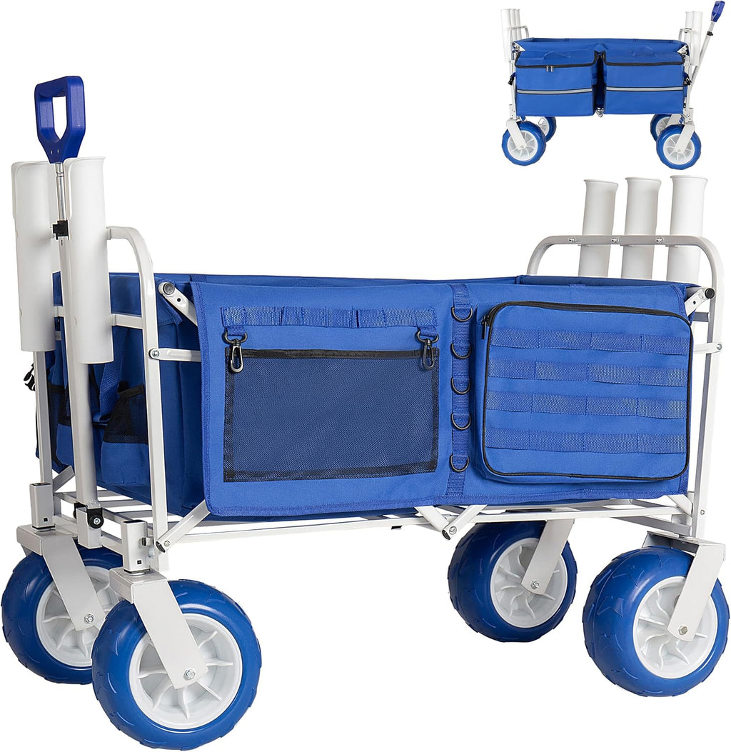 Beach Wagon Cart with Rod Holders & 9' All-Terrain Wheels, 500lbs Heavy Duty Collapsible Folding Utility Wagon with Cooler Storage Bags, Adjustable Handle for Beach Camping Fishing Outdoor Sports