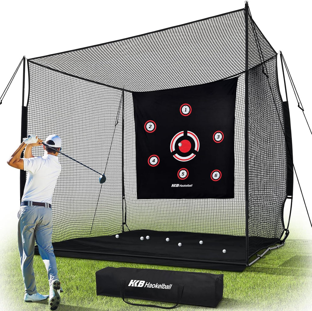 Haokelball Golf Cage with Metal Frame, 10x8x6ft Golf Hitting Nets for Backyard Driving Real Balls, Heavy Duty Net Enclosure with 3-Sides & Target Cloth for Indoor Outdoor Full Swing Practice