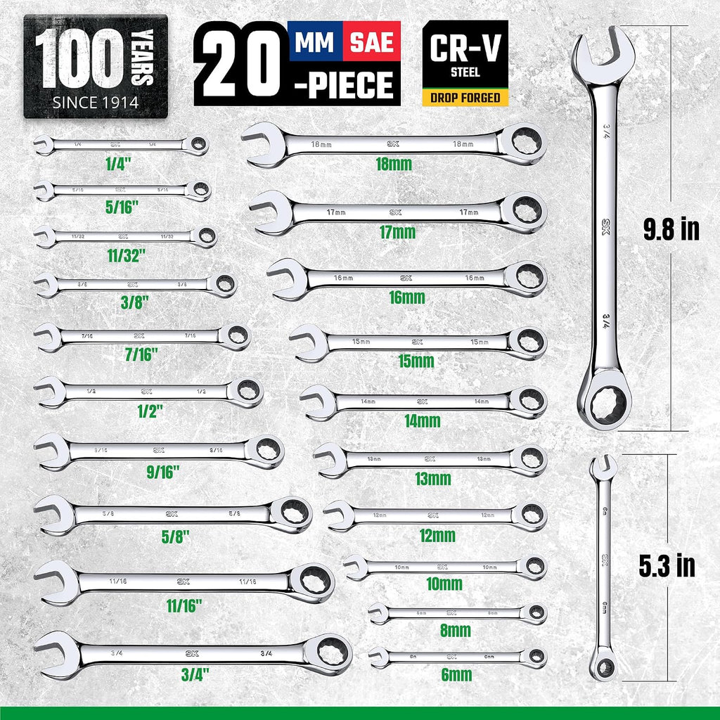 SK Ratcheting Wrench Set, Combination Wrench Set, 20-Piece, SAE 1/4' to 3/4', Metric 6 to 18mm, 72-Tooth, Premium CR-V Construction, with Rolling Pouch