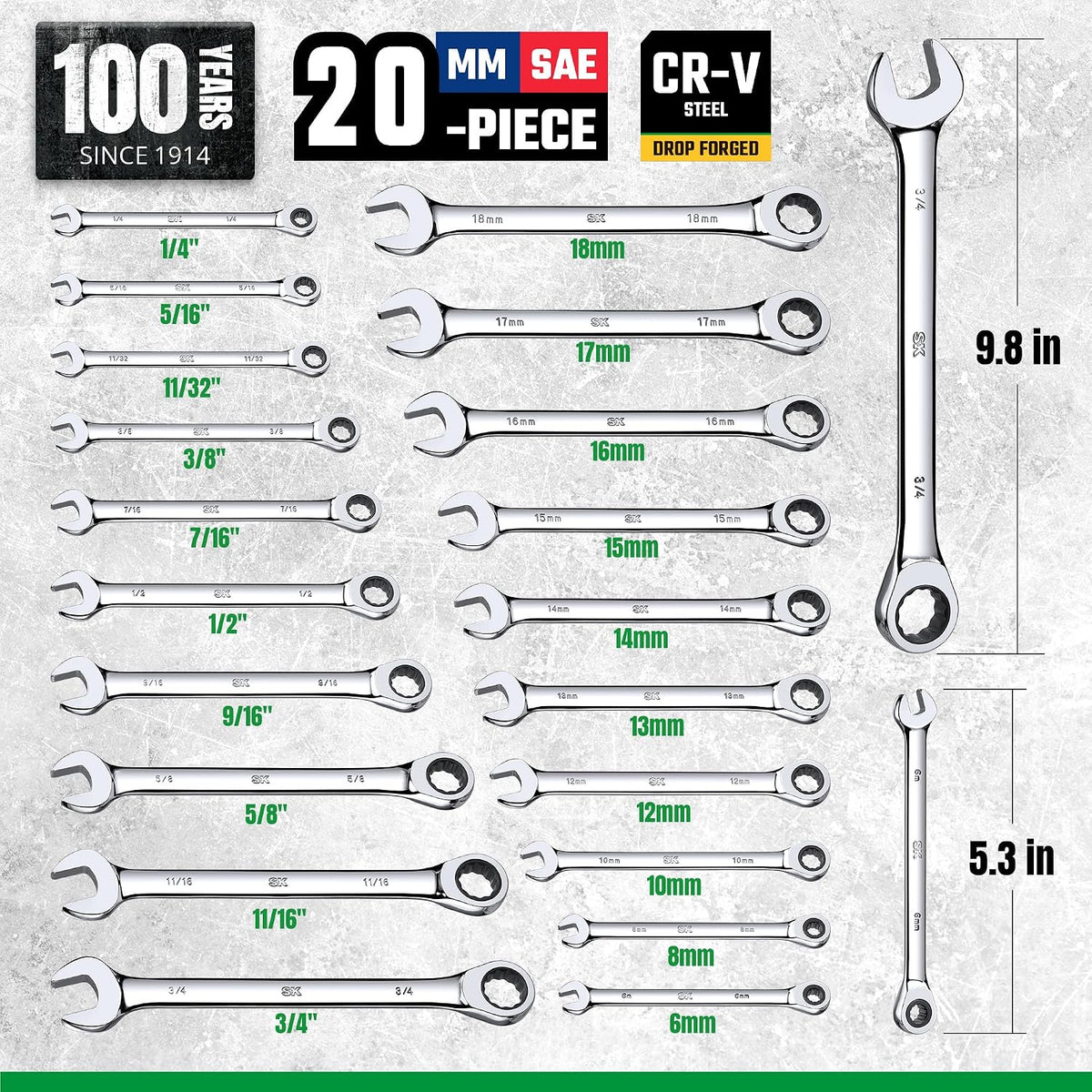 SK Ratcheting Wrench Set, Combination Wrench Set, 20-Piece, SAE 1/4' to 3/4', Metric 6 to 18mm, 72-Tooth, Premium CR-V Construction, with Rolling Pouch