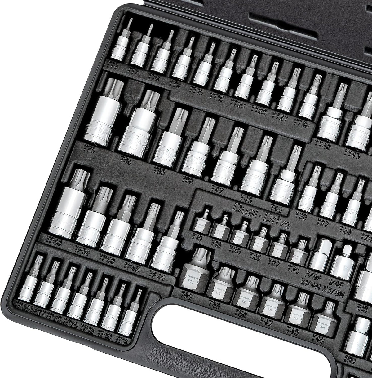 CARBYNE 74-Piece Master Torx Bit Socket Set and E-Torx Socket Set, Stubby Low Profile Super Short T10-T60, Standard T6-T70, Tamper TT6-TT70, Plus TP8-TP60, S2 Steel, Genuine Licensed Torx
