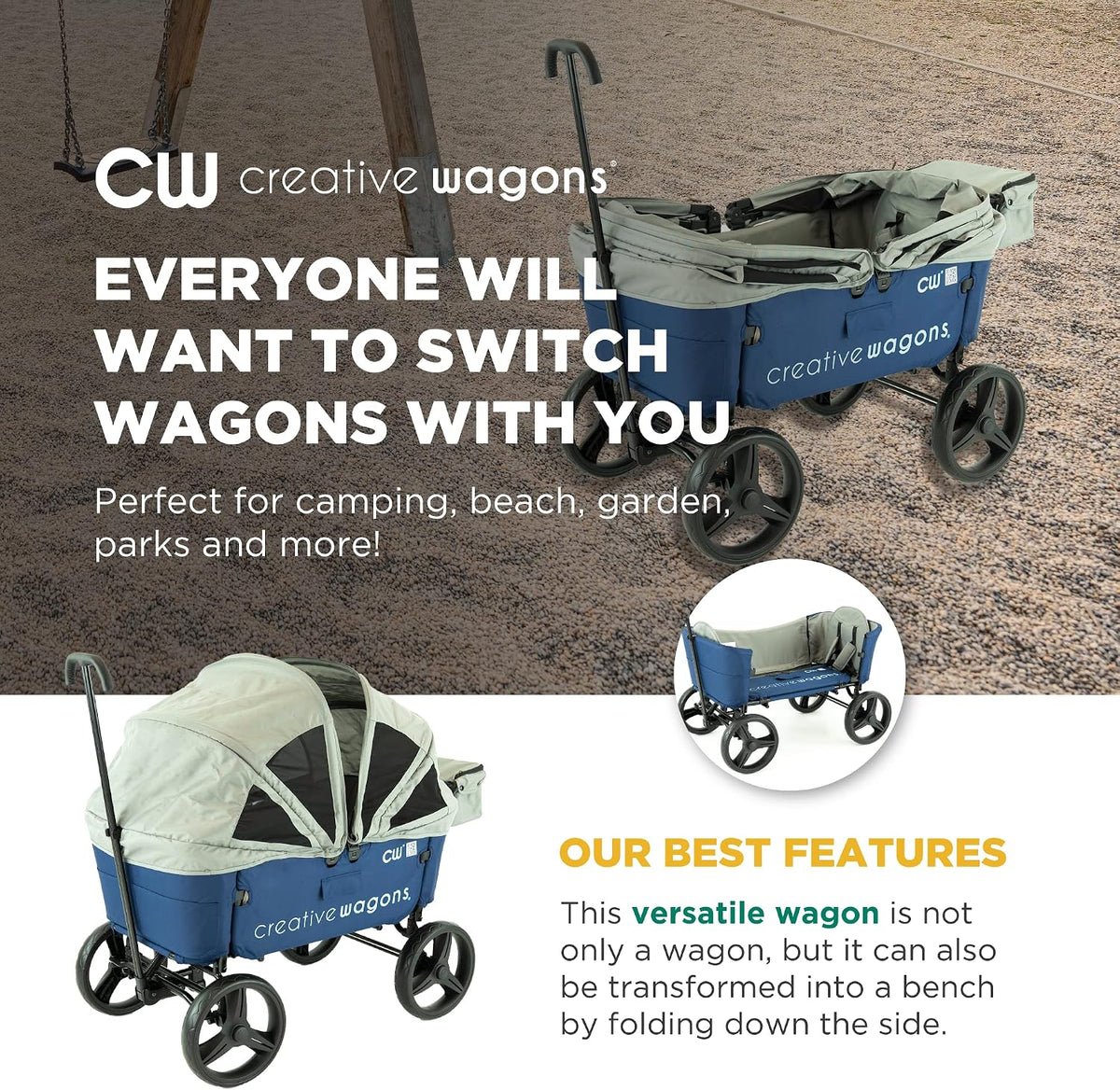 Creative Outdoor Wagon for Kids Push Pull Collapsible Stroller Wagon Buggy Transformable Bench Cart for Kids Cargo All Terrain, Removable Canopy