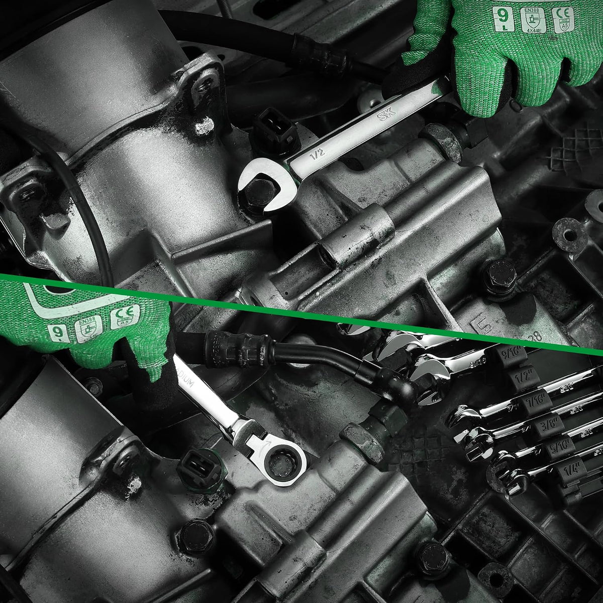 SK Flex-Head Ratcheting Wrench Set, Combination Wrench Set, 13-Piece, SAE 1/4' to 1', 72-Tooth, Premium CR-V Construction, with Rack Organizer