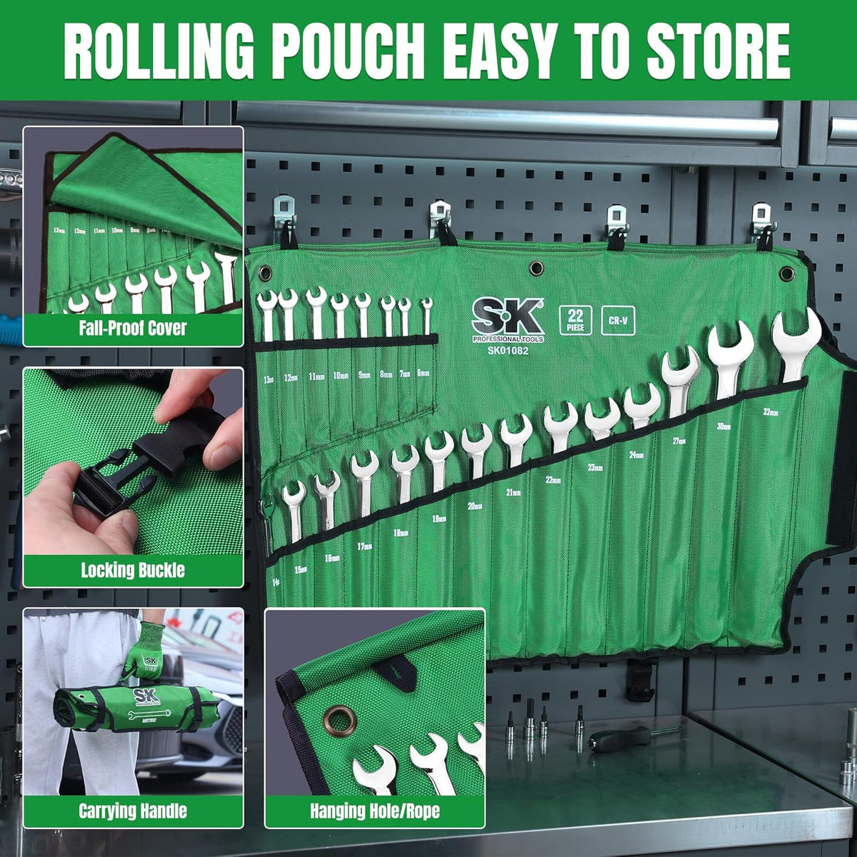 SK Combination Wrench Set, Metric 6 to 32mm, 22-Piece, SuperKrome Finish, Premium CR-V Construction, with Rolling Pouch