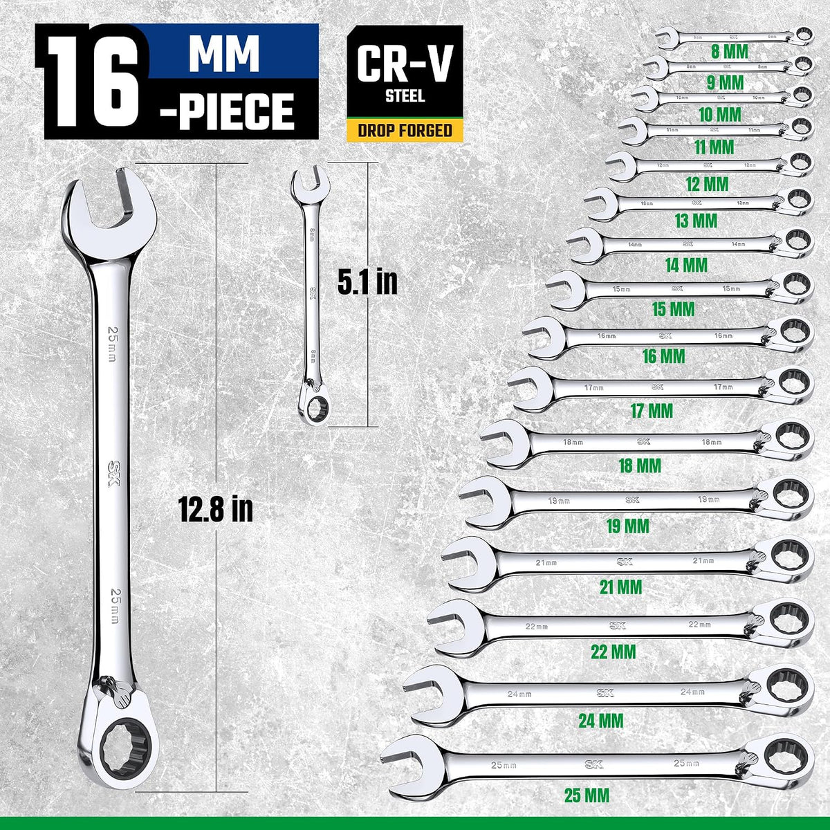 SK Reversible Ratcheting Wrench Set, Combination Wrench Set, 16-Piece, Metric, 72-Tooth, Premium CR-V Construction, with Rolling Pouch