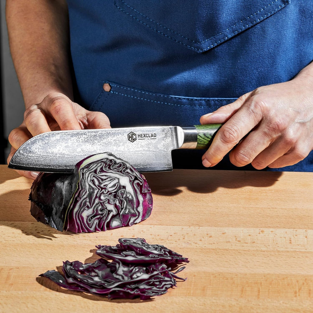 HexClad 7 Inch Japanese Damascus Stainless Steel Santoku Knife, Full Tang Construction, Pakkawood Handle