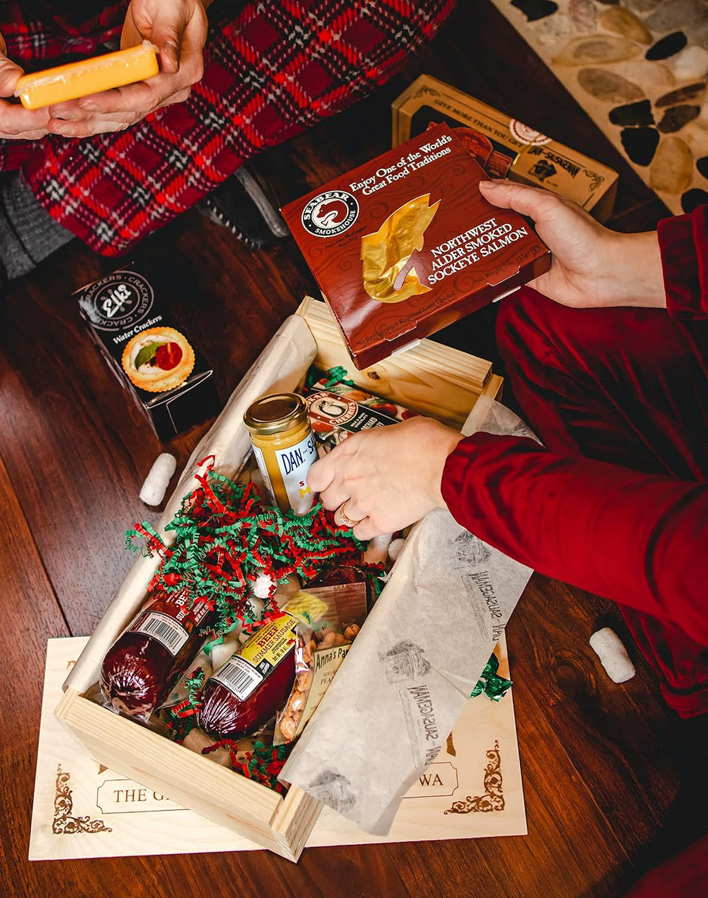 Dan the Sausageman's Signature Gift (Favorite) Gourmet Gift Basket Featuring Smoked Summer Sausage, Savory SeaBear Salmon, Wisconsin Cheese, Sweet Hot Mustard, and a Reuseable Keepsake Wood Pine Crate