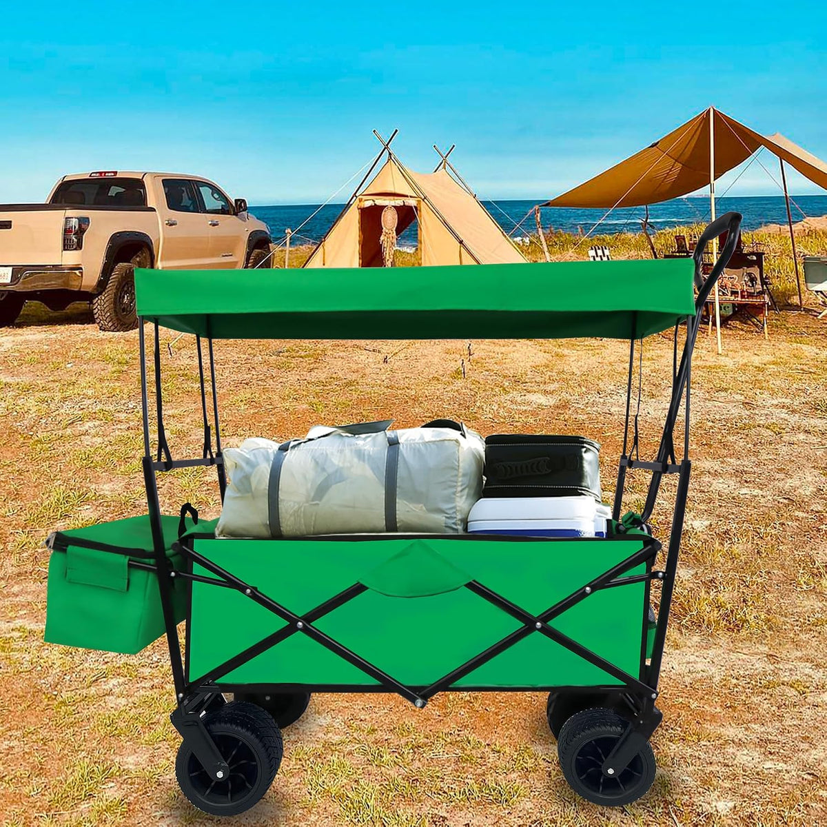 Outdoor Garden Park Wagon with Canopy and Pockets, Foldable Portable Utility Beach Trolley Cart with 7' Wheels for Camping Garden Sports (262LBS Max Weight Capacity) Grass Green As Shown