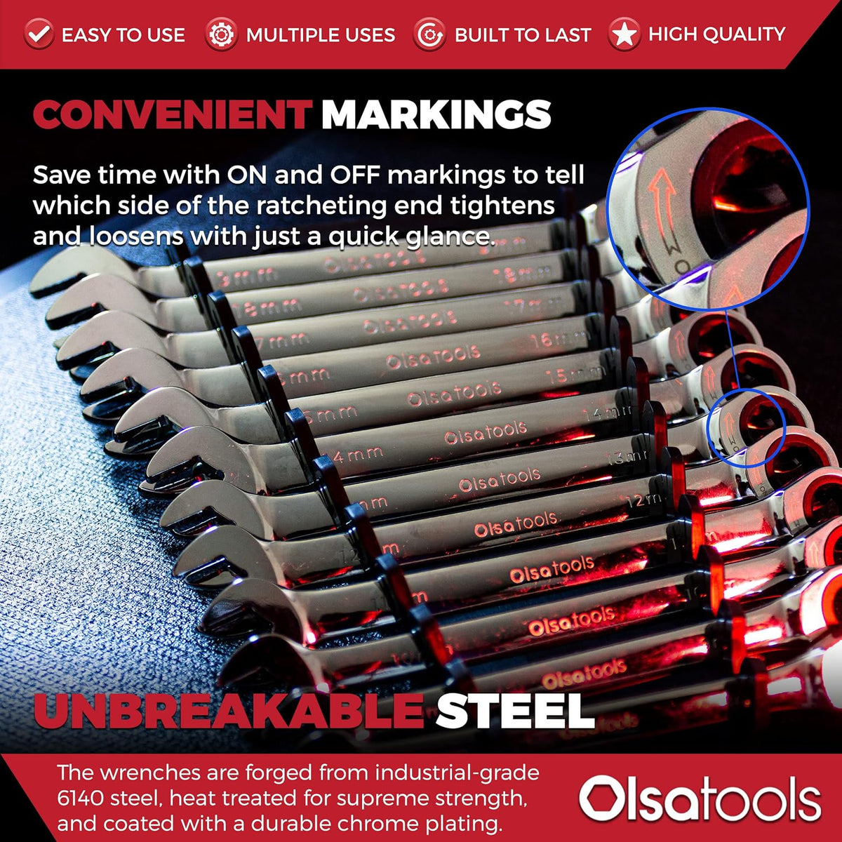 Olsa Tools Ratcheting Wrench Sets (Metric 12pc) - 6-Point Box End Ratchet Wrenches Set - 120 Tooth Metric Ratchet Wrench Set - Works on Stripped and Rounded Bolts - Professional Grade - Part: 1354