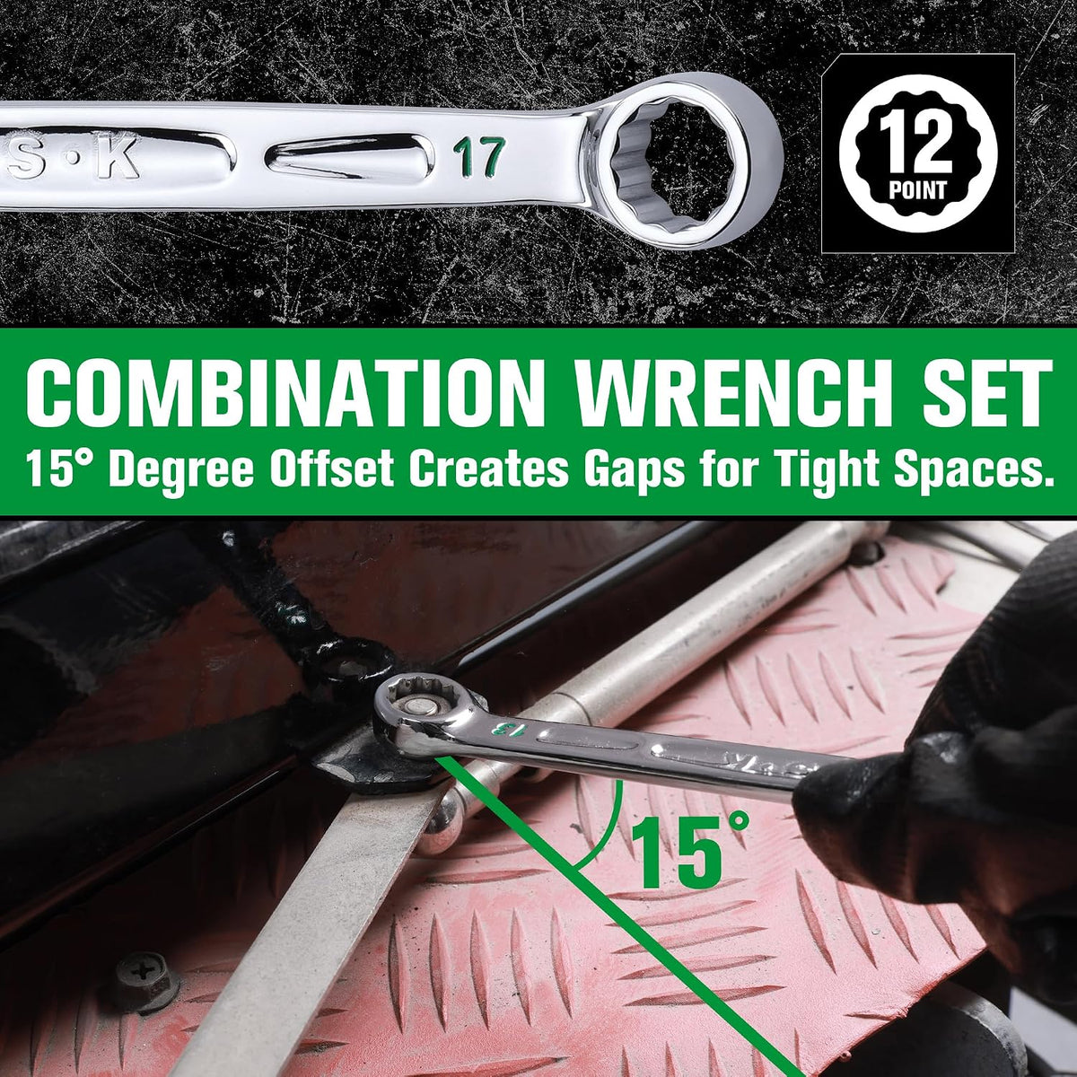 SK Combination Wrench Set, SAE 5/16' to 3/4', Metric 8 to 19mm, 23-Piece, SuperKrome Finish, Premium CR-V Construction, with Rolling Pouch