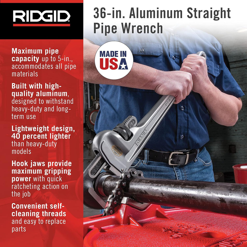 RIDGID 31110 Model 836 36' Aluminum Straight Pipe Wrench with 5' Pipe Capacity, 40% Lighter Aluminum Straight Plumbing Wrench with I-Beam Handle