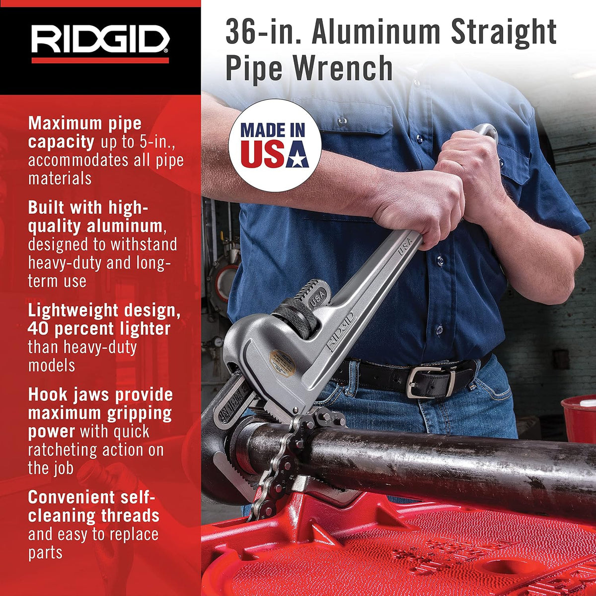 RIDGID 31110 Model 836 36' Aluminum Straight Pipe Wrench with 5' Pipe Capacity, 40% Lighter Aluminum Straight Plumbing Wrench with I-Beam Handle