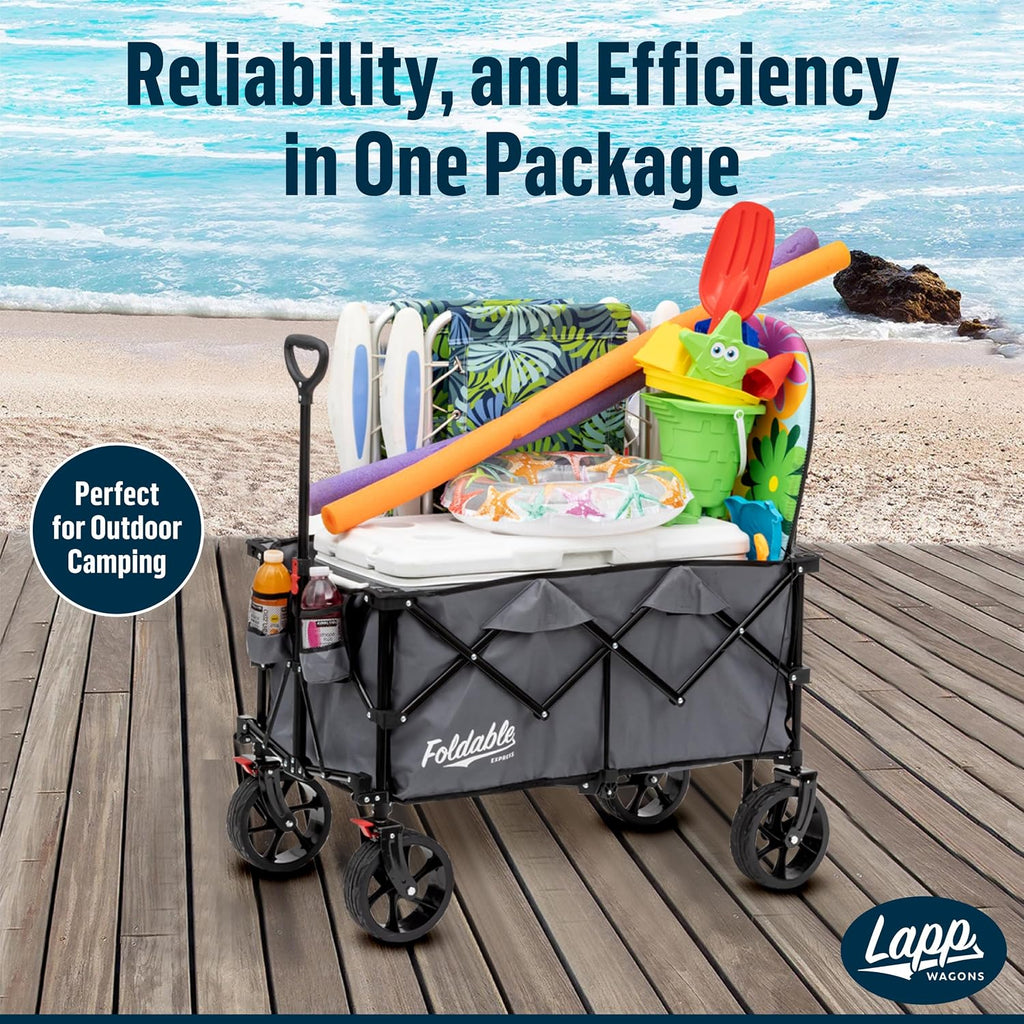 Lapp Wagons 39' Extra-Long Folding Wagon Cart, Heavy-Duty 360 lb Utility Wagon with Wheels, Reinforced Handle, Collapsible Beach Wagon for Camping, Garden, Grocery & Outdoor Use, Grey