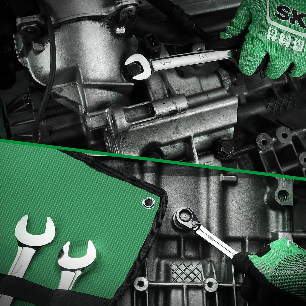 SK Reversible Ratcheting Wrench Set, Combination Wrench Set, 16-Piece, Metric, 72-Tooth, Premium CR-V Construction, with Rolling Pouch