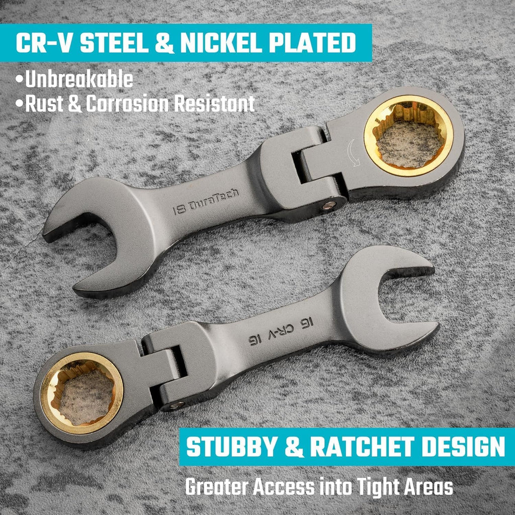DURATECH 24-Piece Flex-Head Ratcheting Wrench Set, Stubby Combination Wrench Set, Metric
