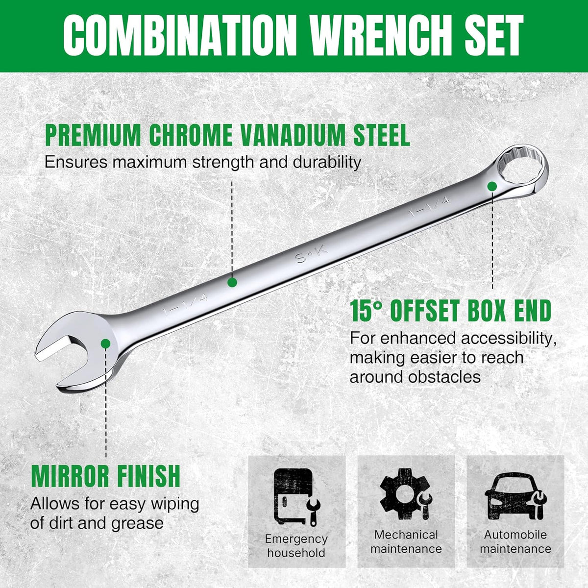 SK Combination Wrench Set, SAE 1/4' to 1-1/4', 18-Piece, SuperKrome Finish, Premium CR-V Construction, with Rolling Pouch