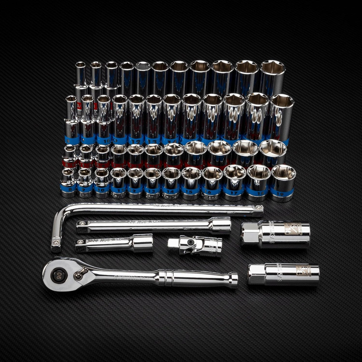 NEIKO 02512A 3/8' Drive Socket Set with Quick Release Ratchet (90 Tooth), 43 Piece Standard and Deep Metric Sizes, 6mm to 24mm, 6 Point, Universal Joint, 3/8' Extension Bars, CR-V Steel (Pack of 4)